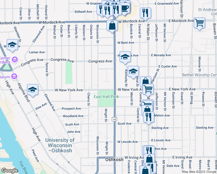 map of restaurants, bars, coffee shops, grocery stores, and more near 422 West New York Avenue in Oshkosh