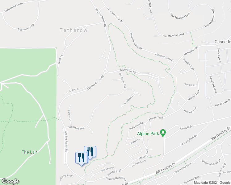 map of restaurants, bars, coffee shops, grocery stores, and more near 61487 Skene Trail in Bend
