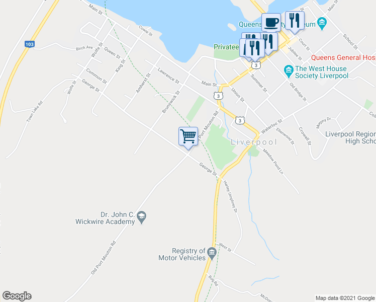 map of restaurants, bars, coffee shops, grocery stores, and more near 144 Old Port Mouton Road in Liverpool