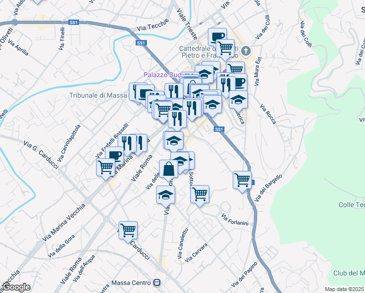 map of restaurants, bars, coffee shops, grocery stores, and more near 5-7 Via Alessandro Bergamini in Massa