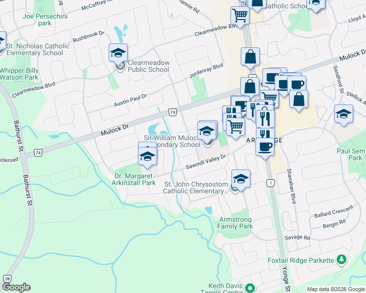 map of restaurants, bars, coffee shops, grocery stores, and more near 128 Warwick Crescent in Newmarket