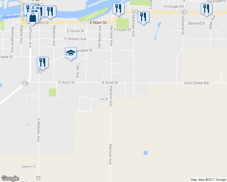 map of restaurants, bars, coffee shops, grocery stores, and more near 842 Harrison Avenue in Omro