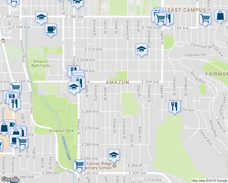 map of restaurants, bars, coffee shops, grocery stores, and more near 1093 East 25th Avenue in Eugene