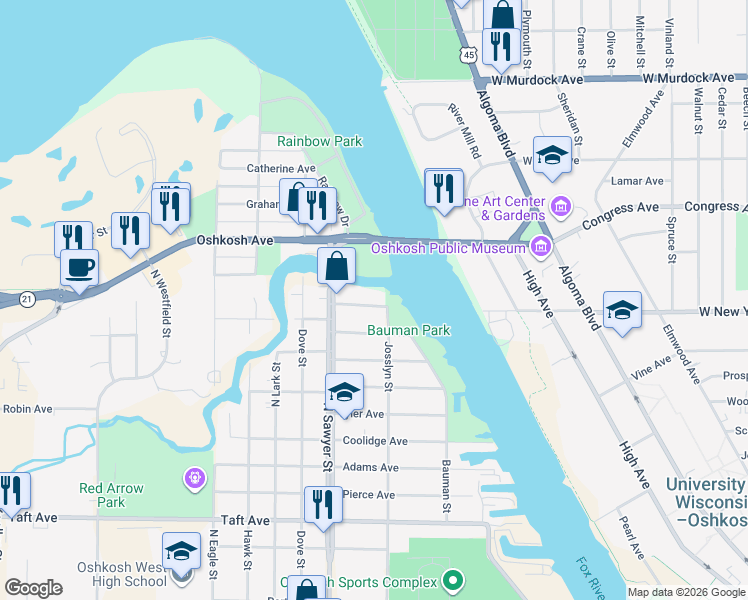 map of restaurants, bars, coffee shops, grocery stores, and more near 1114 Fillmore Avenue in Oshkosh