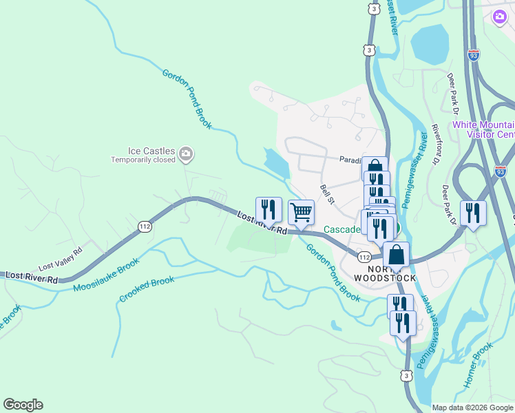 map of restaurants, bars, coffee shops, grocery stores, and more near 126 Lost River Road in Woodstock