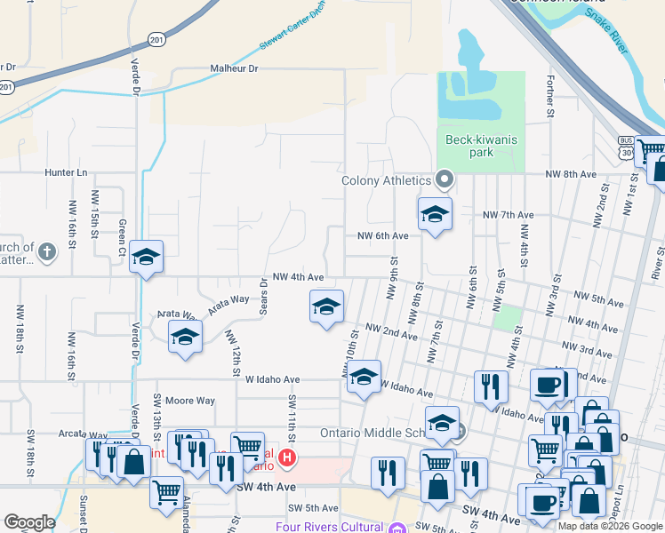 map of restaurants, bars, coffee shops, grocery stores, and more near 454 Northwest 10th Drive in Ontario