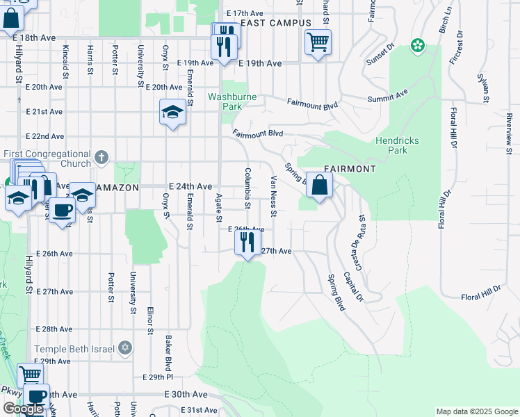map of restaurants, bars, coffee shops, grocery stores, and more near 2528 Chula Vista Boulevard in Eugene