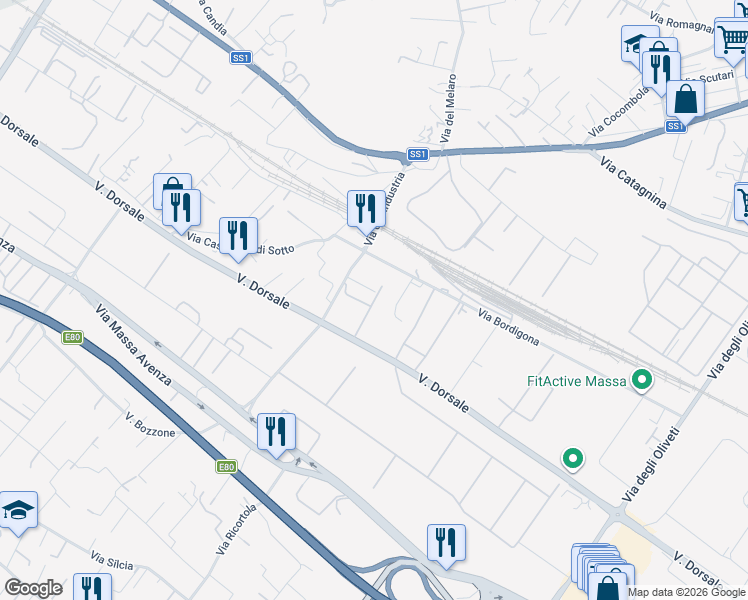 map of restaurants, bars, coffee shops, grocery stores, and more near 46 Via Dorsale in Massa