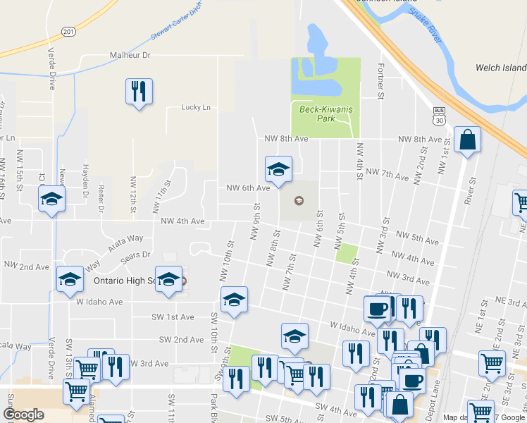 map of restaurants, bars, coffee shops, grocery stores, and more near 426 NW 9th St in Ontario