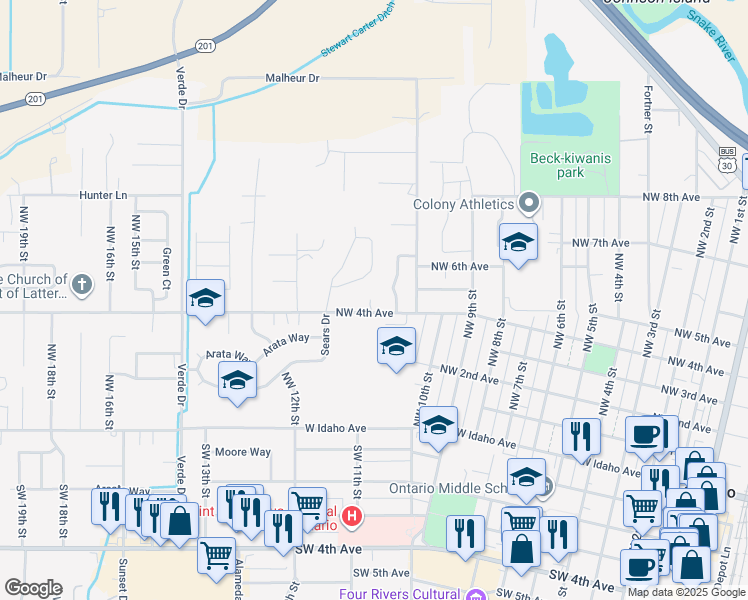 map of restaurants, bars, coffee shops, grocery stores, and more near 1117 Northwest 4th Avenue in Ontario