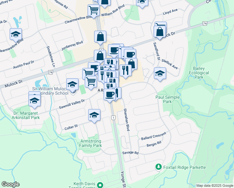 map of restaurants, bars, coffee shops, grocery stores, and more near 16599 Yonge Street in Newmarket