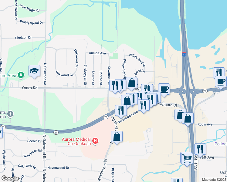 map of restaurants, bars, coffee shops, grocery stores, and more near 2409 Omro Road in Oshkosh