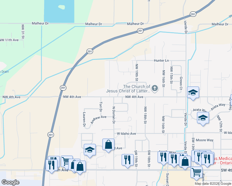 map of restaurants, bars, coffee shops, grocery stores, and more near 436 North Dorian Drive in Ontario