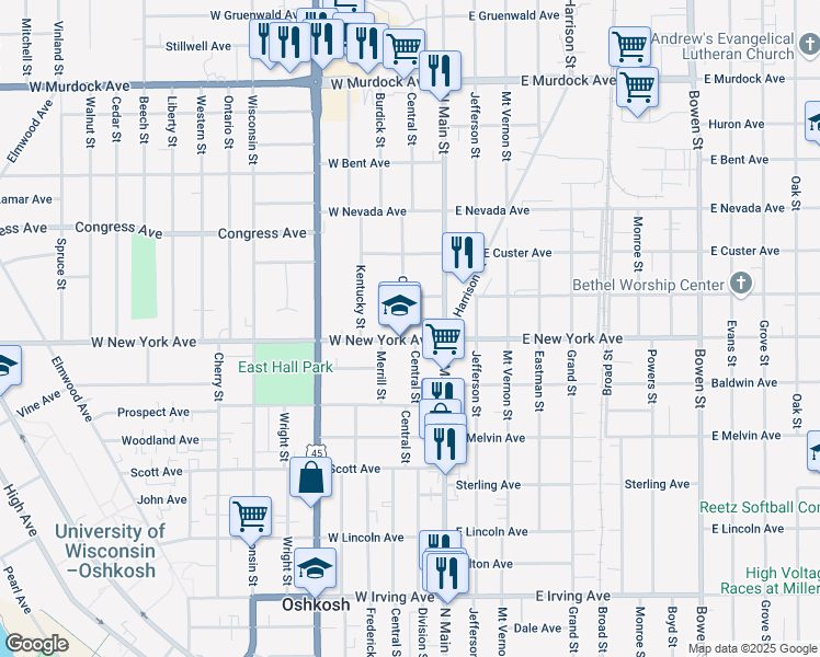 map of restaurants, bars, coffee shops, grocery stores, and more near 1222 Central Street in Oshkosh