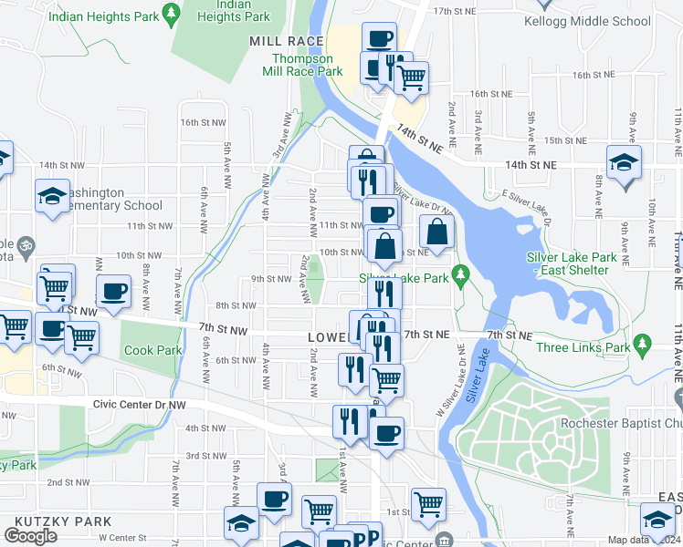 map of restaurants, bars, coffee shops, grocery stores, and more near 33 9th Street Northwest in Rochester