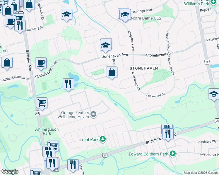 map of restaurants, bars, coffee shops, grocery stores, and more near 846 Norsan Court in Newmarket