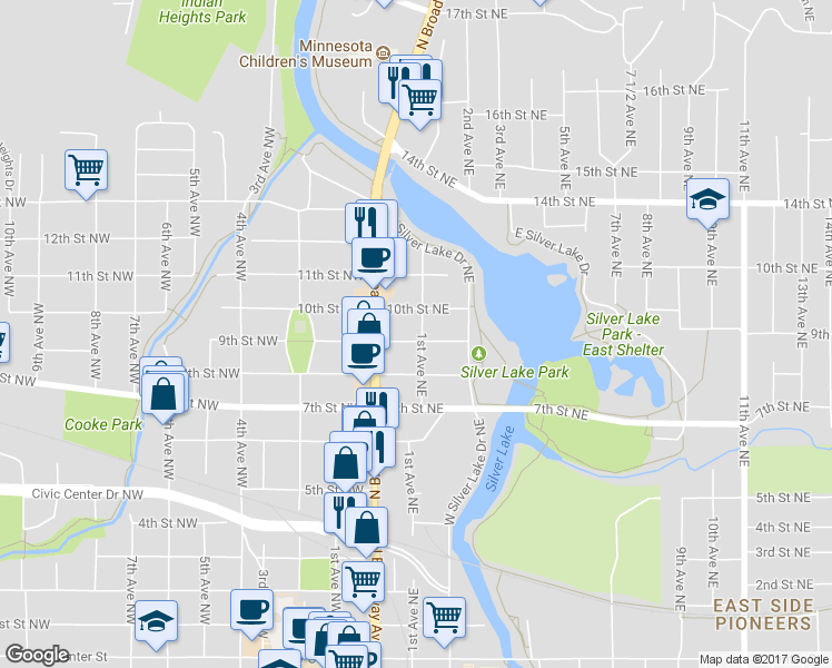 map of restaurants, bars, coffee shops, grocery stores, and more near 31 9th Street Northeast in Rochester