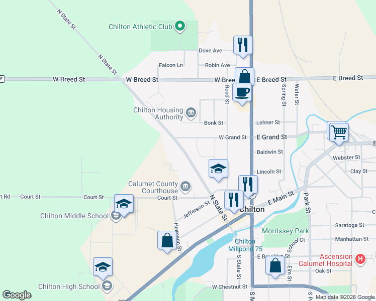 map of restaurants, bars, coffee shops, grocery stores, and more near 348 N State St in Chilton