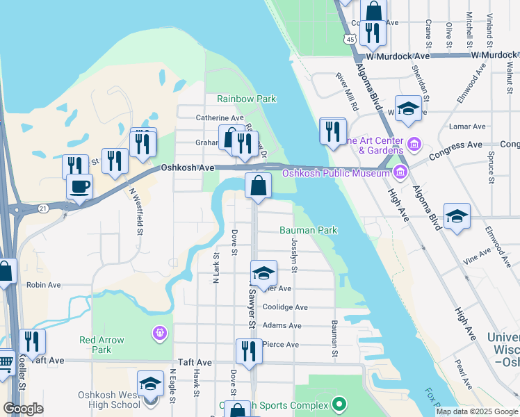 map of restaurants, bars, coffee shops, grocery stores, and more near 1232 North Sawyer Street in Oshkosh