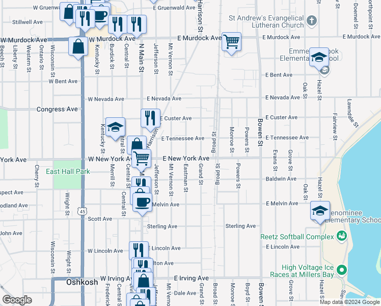 map of restaurants, bars, coffee shops, grocery stores, and more near 318 East New York Avenue in Oshkosh