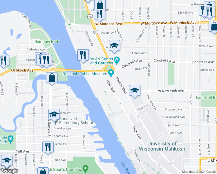 map of restaurants, bars, coffee shops, grocery stores, and more near 1217 High Avenue in Oshkosh