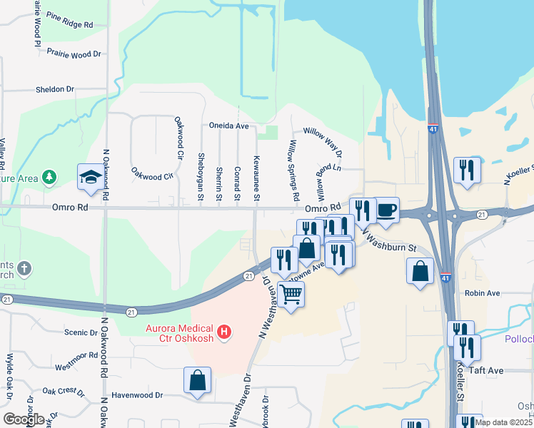 map of restaurants, bars, coffee shops, grocery stores, and more near 2409 Omro Road in Oshkosh