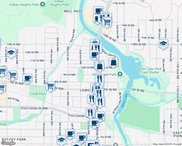 map of restaurants, bars, coffee shops, grocery stores, and more near 29 9th Street Northwest in Rochester