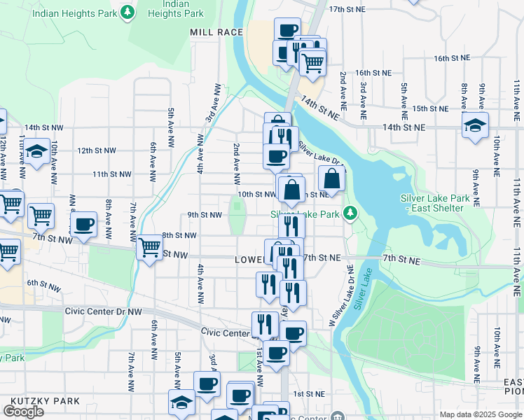 map of restaurants, bars, coffee shops, grocery stores, and more near 29 9th Street Northwest in Rochester