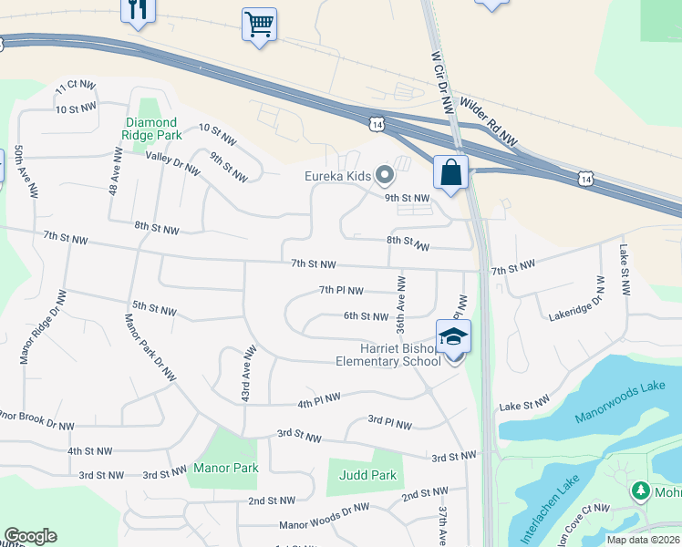 map of restaurants, bars, coffee shops, grocery stores, and more near 4008 7th Street Northwest in Rochester