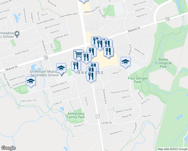 map of restaurants, bars, coffee shops, grocery stores, and more near 16599 Yonge Street in Newmarket