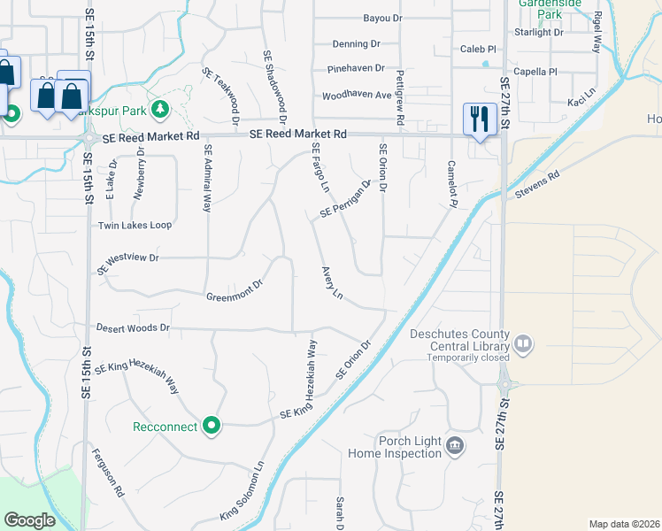 map of restaurants, bars, coffee shops, grocery stores, and more near 21000 Avery Lane in Bend