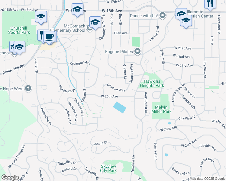 map of restaurants, bars, coffee shops, grocery stores, and more near 3424 Chaucer Way in Eugene