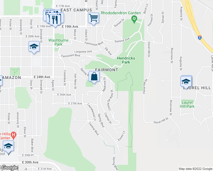 map of restaurants, bars, coffee shops, grocery stores, and more near 2530 Woodland Drive in Eugene