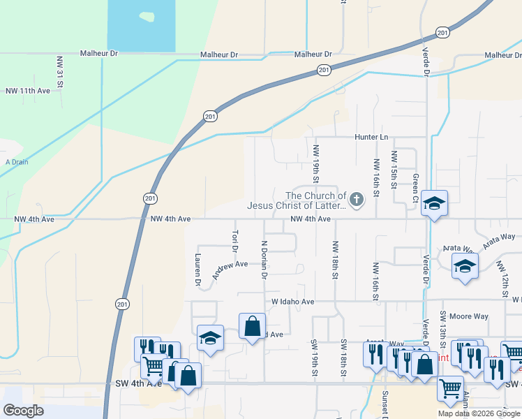map of restaurants, bars, coffee shops, grocery stores, and more near 436 North Dorian Drive in Ontario