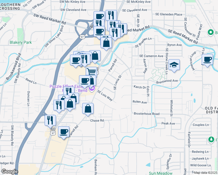 map of restaurants, bars, coffee shops, grocery stores, and more near 20350 Southeast Elaine Lane in Bend