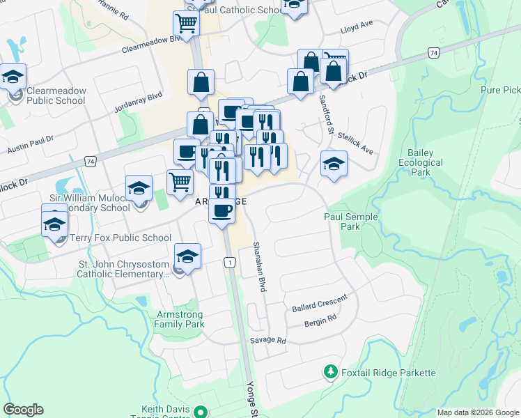 map of restaurants, bars, coffee shops, grocery stores, and more near 68 Nelson Circle in Newmarket