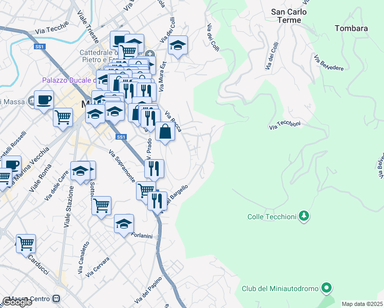 map of restaurants, bars, coffee shops, grocery stores, and more near 19 Via Rocca in Massa