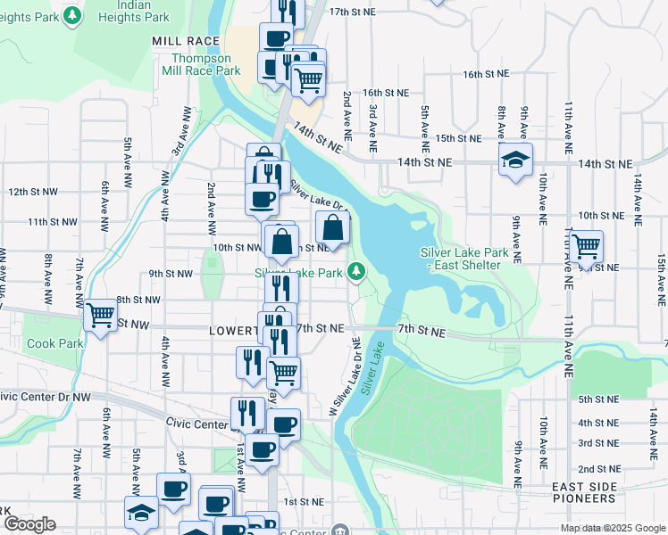 map of restaurants, bars, coffee shops, grocery stores, and more near 123 9th Street Northwest in Rochester