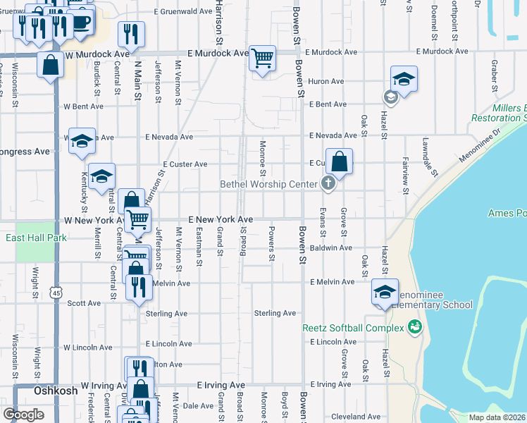 map of restaurants, bars, coffee shops, grocery stores, and more near 1230 Monroe St in Oshkosh