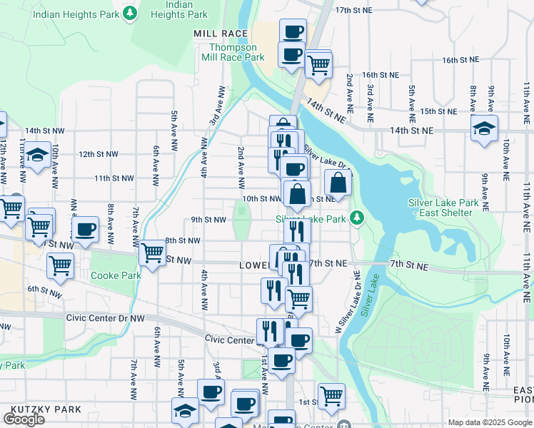 map of restaurants, bars, coffee shops, grocery stores, and more near 29 9th St NW in Rochester