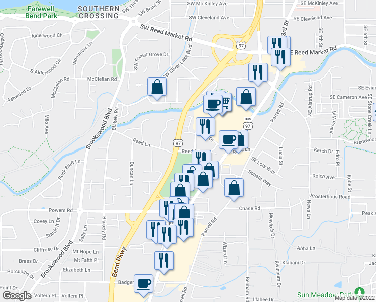 map of restaurants, bars, coffee shops, grocery stores, and more near Reed Ln in Bend