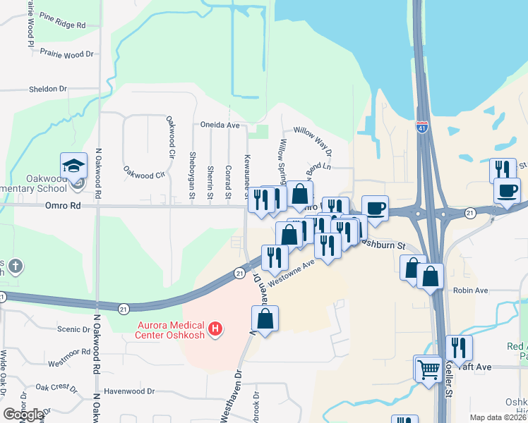 map of restaurants, bars, coffee shops, grocery stores, and more near 2409 Omro Road in Oshkosh