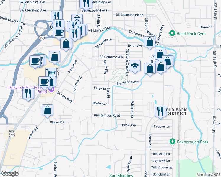 map of restaurants, bars, coffee shops, grocery stores, and more near 61498 Edro Place in Bend