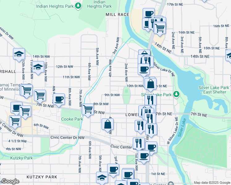 map of restaurants, bars, coffee shops, grocery stores, and more near 225 9th Street Northwest in Rochester