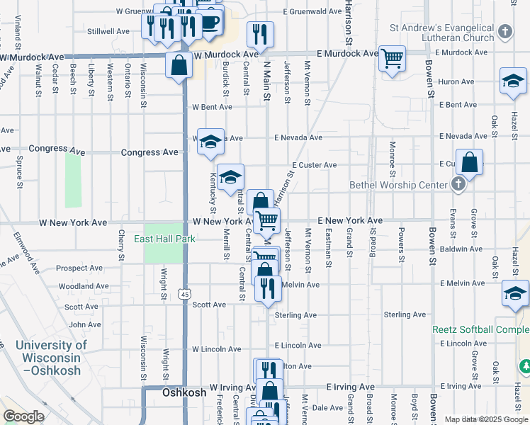map of restaurants, bars, coffee shops, grocery stores, and more near 1233 North Main Street in Oshkosh