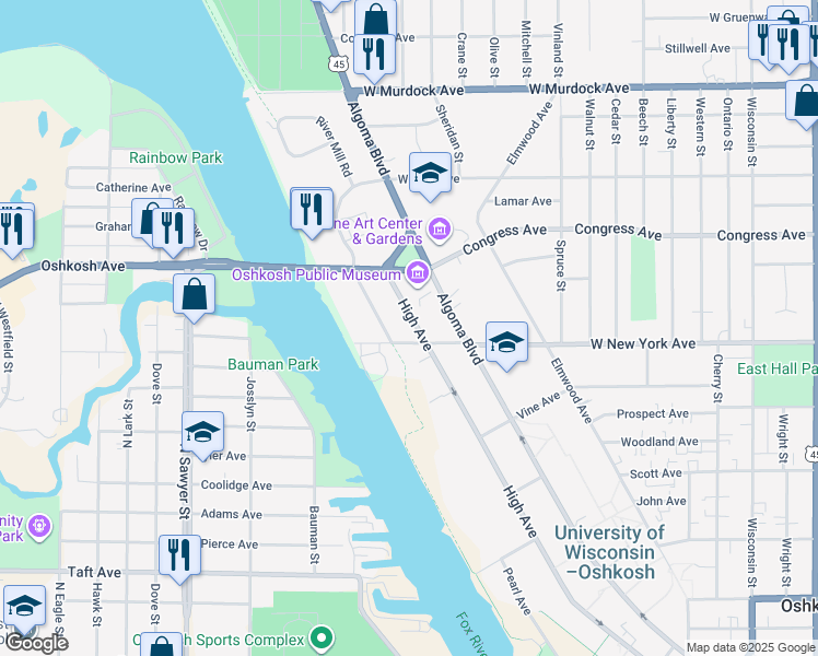 map of restaurants, bars, coffee shops, grocery stores, and more near 1217 High Avenue in Oshkosh