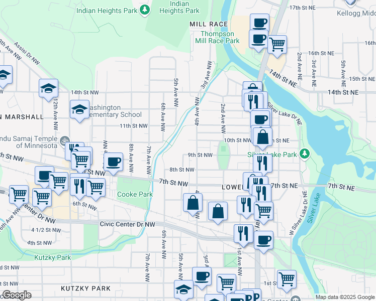 map of restaurants, bars, coffee shops, grocery stores, and more near 415 9th Street Northwest in Rochester