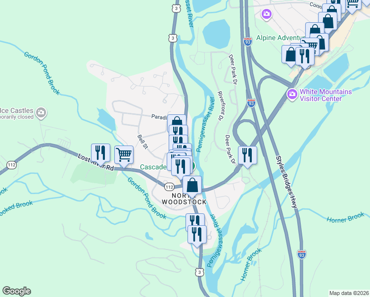 map of restaurants, bars, coffee shops, grocery stores, and more near 138 Main Street in Woodstock