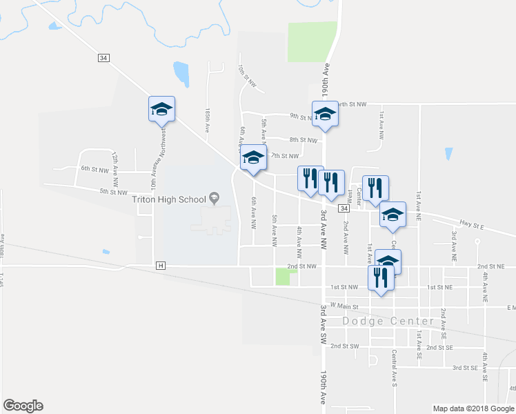 map of restaurants, bars, coffee shops, grocery stores, and more near 408 6th Avenue Northwest in Dodge Center