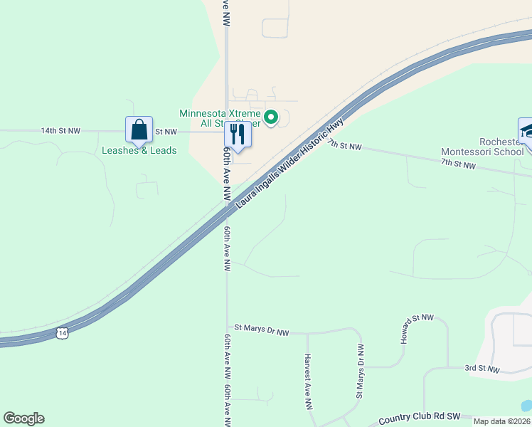 map of restaurants, bars, coffee shops, grocery stores, and more near 421 Lowry Court Northwest in Rochester
